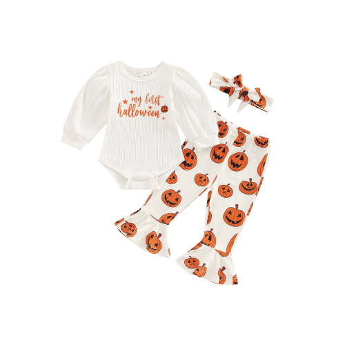 Loicainy Infant Baby Girl Halloween Clothes Set 3 6 12 18 Months Round Neck Long Sleeve Letter Printed Romper Pumpkin Printed Flare Pants Headband Fall Outfits