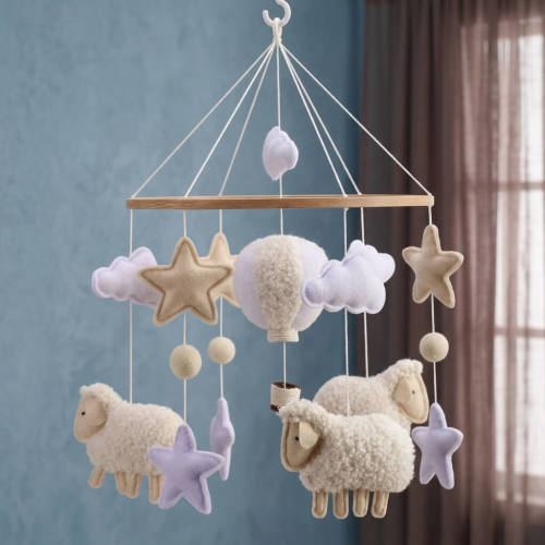 Cozy Lamb Baby Mobile - Handmade Felt Sheep, Clouds and Stars Crib Decor for Calming Nursery Vibe