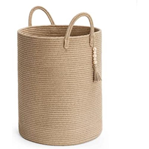 Goodpick Tall Wicker Laundry Basket with Handles, Boho Decorative Storage Basket for Living Room, Bedroom, Entryway, Bathroom, Large Woven Blanket Basket for Pillows, Towels, Shoes, Jute, 16" x 20"