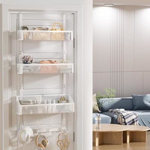 Over Door Hook Organizer 12 Hook Over The Door Organizer with 3 Mesh Baskets - Back of Door Storage Towel Rack Space Saving Storage Organizer for Bedroom, Bathroom, Kitchen, Pantry, White