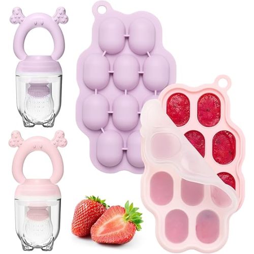 KingKam Baby Breastmilk Popsicle Molds & Baby Fruit Feeder (2 Pack), Baby Food Freezer Tray Storage Containers, Silicone Pacifier Feeder and Teether