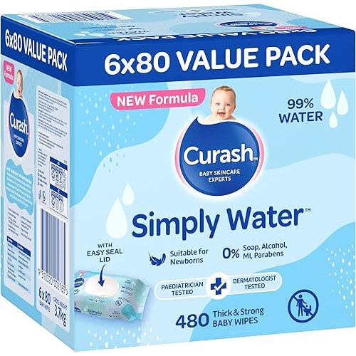 Curash Simply Water Baby Wipes, 6x80 Pack, Thick and Soft Texture, 99% Water With No Soap, Alcohol or Parabens, Suitable for Newborns, Everyday Cleansing and Nappy Changes, 480 Wipes
