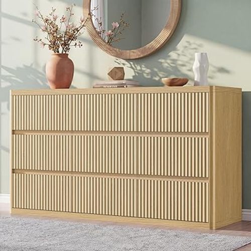 Standifurno Fluted 9 Drawers Dresser, 57" Wide Dresser for Bedroom, Modern Chest of Drawers with Curved Profile, Handleless, Wood Large Dressers TV Stand with Organizer Storage, Living Room, Natural
