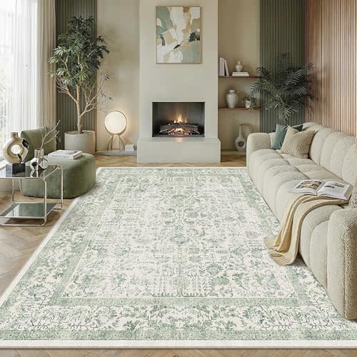 PureCozy Sage Green Area Rug 8x10 Living Room Washable Carpet Vintage Distressed Non Slip Bedroom Carpet Neutral Low Pile Retro Floral Farmhouse Large Rug Home Office Dining Room Playroom