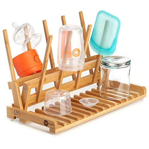 PopYum Space Saving Bamboo Drying Rack, Countertop Wood Folding Collapsible for Baby Bottle, Plastic Bag, Cup, Glass, Silicone, Water Bottle, Wooden, FSC Certified, Compact