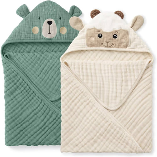 Blissful Diary Muslin Baby Hooded Towel 2 Pack, Soft & Absorbent Bath Towel for Infant, Toddler, Unisex, Baby Gift, Newborn Essentials, Bear & Lamb