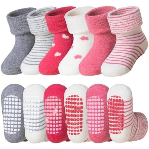 DoSmart Baby Toddler Non Slip Socks Infant Boys Girls Warm Thick Wool Ankle Crew Winter Socks with Grippers 6 Pairs