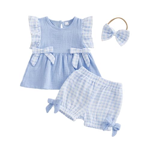 Amnnchya Toddler Girl Clothes Baby Summer Spring Outfits Cute Bow Button Smocked Ruffle Sleeve Tops ＋ Girls Shorts Set