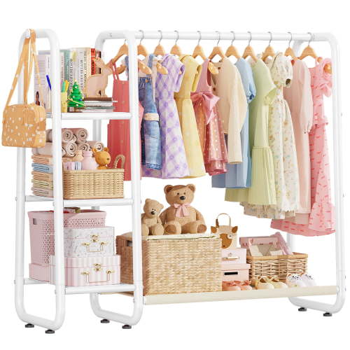 Kids Clothing Rack with 3-Tier Side Storage, Toddler Dress Up Closet Organizer, Small Garment Rack for Clothes & Toys, White