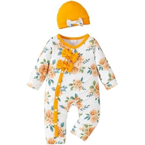 Mioglrie Newborn Baby Girl Clothes Long Sleeve Romper Infant Fall Winter Outfits Floral Hat Jumpsuit Preemie Girl Clothes
