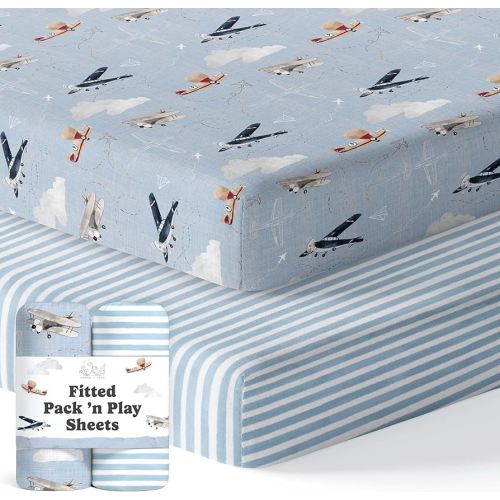 Pack and Play Sheets Fitted, Mini Crib Sheets for Graco Pack N Play Playard (38x26), Ultra Soft Cotton Blend, Safe & Snug Playpen Mattress Sheet for Baby Boys Girls, Airplane in The Clouds, 2-Pack