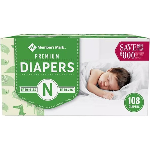 Members Mark Members Mark Premium Baby Diapers, Newborn Size 10 Pounds, 108 Coun