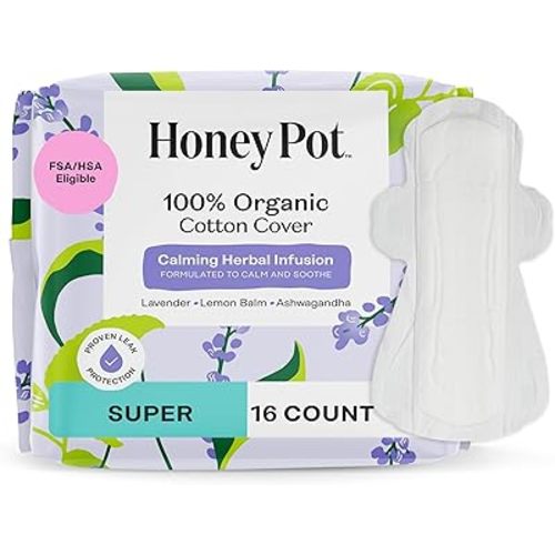 Honey Pot - Calming Herbal Super Sanitary Pads for Women - 100% Organic Cotton Top Sheet - Feminine Care - Non Cooling - Calming Herbs of Lavender, Ashwagandha, & Lemon Balm - 16ct