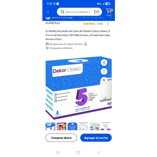 EcoRefills Dekor Classic Diaper Pail Refill, 9 Refill Liners, 30% Thicker, Leak-Proof, Powder Scent