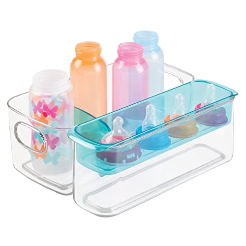 mDesign Plastic Adjustable Storage Center for Kitchen Cabinet, Pantry, Refrigerator, Countertop - Holds Kids/Toddlers Bottles, Sippy Cups, Baby Food Jars - 3 Pieces - Clear/Aqua Blue