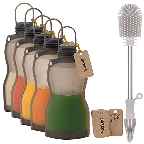 haakaa Reusable Silicone Breastmilk Storage Bag(9oz,5pk) Bottle Cleaning Brush Set| Breastmilk Freezer Bag|Breastfeeding Milk Pouch|Breast Pump Bag|Self Standing Storing Pouch- BPA Free- No Leak