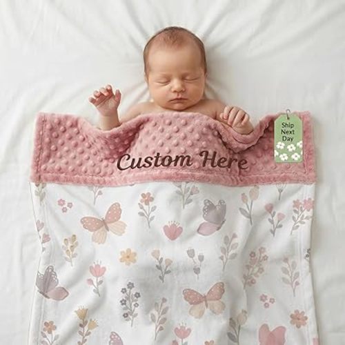 Custom Organic Cotton Double Layer Minky Dot Handmade Embroidered Baby Tummy Time Blanket with Name Customized Newborn Picture Anniversary Throw Gift for Boy Girl from Morther Dad Mom (Floral)