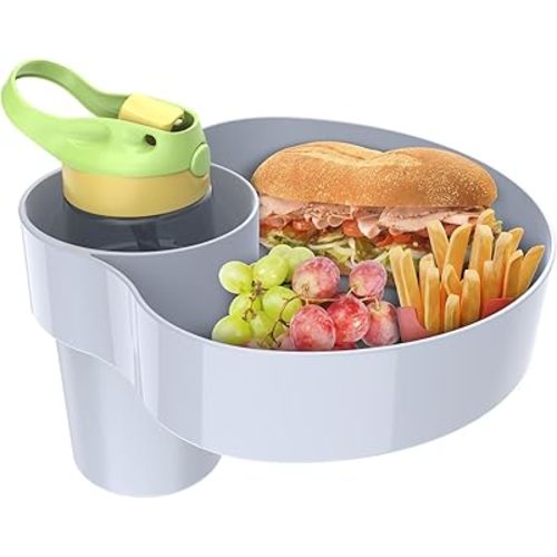 Car Seat Cup Holder Snack Tray: Travel Tray for Kids Car Seat Food Tray for Kids Travel, Toddler Carseat Eating Plate Table, Kid Road Trip Table Essentials Accessories, Grey