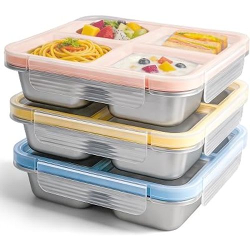 3 Pack Stainless Steel Snack Containers with Lids, Leakproof 4 Compartment Bento Lunch Boxes, Reusable Metal Meal Prep Food Storage Containers, Dishwasher Safe for Work, Travel, Picnic