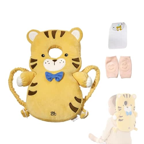 Baby Head Protector Backpack, Toddler Baby Head Protection Backpack with Baby Knee Pads Alarm Function for Walking & Crawling, Soft, Breathable and Wearing Safety Baby Head Protector-Yellow Tiger