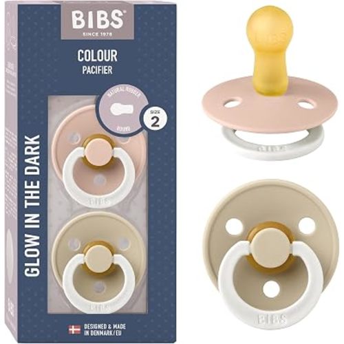 BIBS Colour Glow Pacifiers | Set of 2 BPA-Free Latex Baby Pacifiers | Round Nipple | Made in Denmark