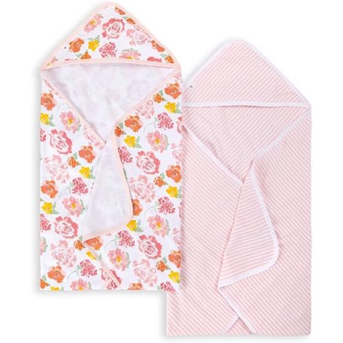 Burts Bees Baby Infant Hooded Towels Rosy Spring Organic Cotton, Unisex Bath Essentials and Newborn Necessities, Soft Nursery Towel with Hood Set, 2-Pack Size 29 x 29 Inch