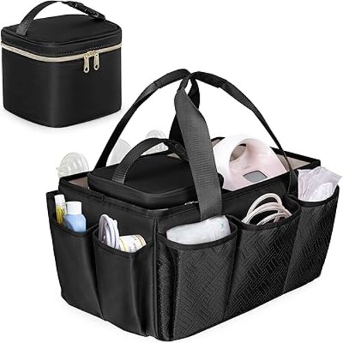 Fasrom Breast Pump Caddy Organizer Bag with Cooler Compatible with Spectra S1 and S2, Pumping Tote Bag Baby Diaper Storage Basket to Hold Pump Parts and Baby Items, Black (Patent Design)