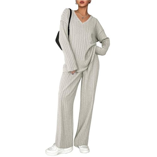 Ekouaer Lounge Sets for Women Long Sleeve Knit Ribbed Pajama Sets 2 Piece Casual Loungewear with Pockets