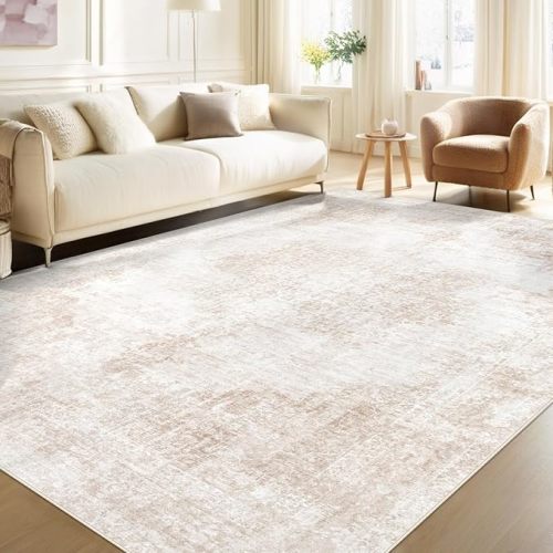 Area Rug 5x7 Vintage Rugs: Washable Living Room Rug Retro Medallion Distressed Large Rug Soft Low Pile Non-Slip Rugs Indoor Floor Carpet for Bedroom Kitchen Nursery Dining Table Office (Beige/Brown)