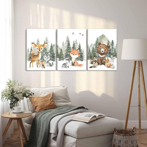 Union Rustic 3Pcs Woodland Animal Nursery Canvas Wall Art Forest Adventure Theme Animals Picture Posters Wall Decor Cute Watercolor Deer Bear Fox Painting Print Artwork For Kids Baby Bedroom Decor 16X24in | Wayfair
