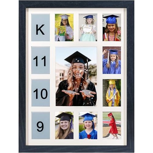 School Years Picture Frame K-12 Day Graduation Photo Collage Black Frame with Mat, Displays One 5x7 Photo and Twelve 2.5x3.5 Pictures