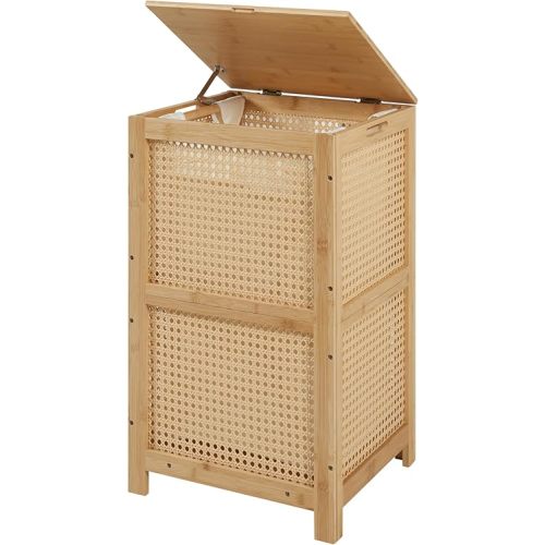 Bamboo-Laundry-Hamper-Wicker-Basket-with-lid Large Wood Laundry Hampers Basket Bin Storage Organizer for Dirty Clothes, Laundry Room, Bathroom, Bedroom, Living Room, Home Decor(13Gallon/50L)