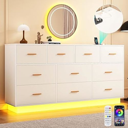 White 10 Drawers Dresser w/Power Outlet,60000-Colors Lights for Kids Bedroom,Modern 63In Long Dresser for Closet,Wooden Tall Dressers w/Large Storage for Entryway,Hallway