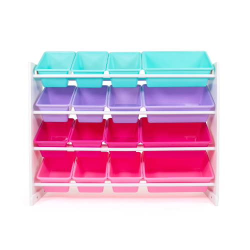 Humble Crew Kids Toy Storage Organizer with 16 Plastic Storage Bins, White/Pink/Purple/Turquoise