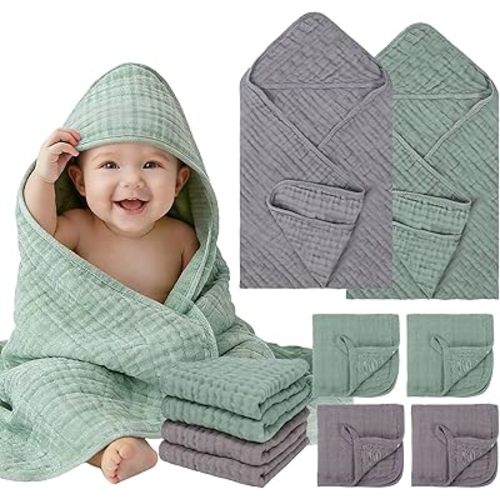 6 Pcs Muslin Hooded Baby Bath Towels Sets - 2 Pack 100% Cotton Baby Towel & 4 Pack Muslin Washclothes- 32x32Inch Baby Towels Cotton for Babies, Infants, Toddlers, 100% Cotton, Bath Essentials