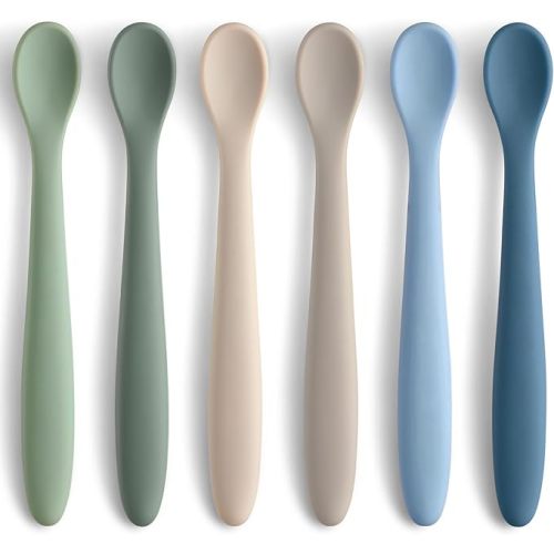 6 Piece Silicone Baby Feeding Spoons, First Stage Infant Soft-Tip Easy on Gums, Training Spoon Self-feeding, Utensils Supplies, Dishwasher & Boil-proof - Blue