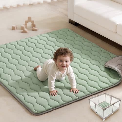 Blissful Diary Baby Play Mats for Floor, 50x50 Playpen Mat, Thick Cushioning Padding Foam Playmat for Baby and Toddlers Infants, Non-Slip & Machine Washable, Sage Green