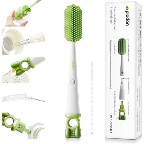 Detachable 5-in-1 Bottle Cleaning Brush Set - Silicone Baby Bottle Brush Cleaner Kit with Nipple Brush, Detail Brush & Straw Brush, Portable Long Handle Bottles Scrubber Cleaning Tool