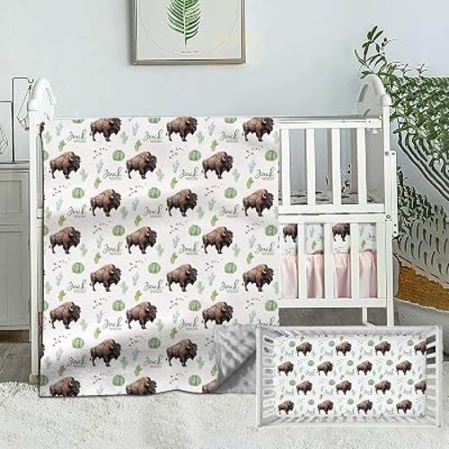 Custom Name Baby Bedding Set for Boys Girls, Personalized 2 Piece Bison Baby Nursery Sets, Dotted Backing Blanket, Fitted Sheet, Nursery Baby Bedding Set for Newborn Toddler Infant Babies
