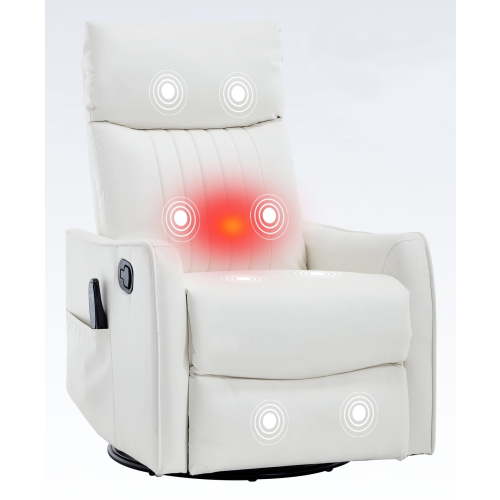 Trustyue Recliner Chair Swivel Rocking with Heat Massage - 360° Manual Recliner, 8-Point Vibrating & Lumbar Heat, Easy Assembly Chair for Living Room (Breathable Leather, White)
