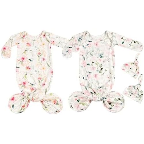 Newborn Baby Sleeper Gown - Knotted Nightgown Coming Home Outfits for Baby Girl - 2-Piece Set With Hat
