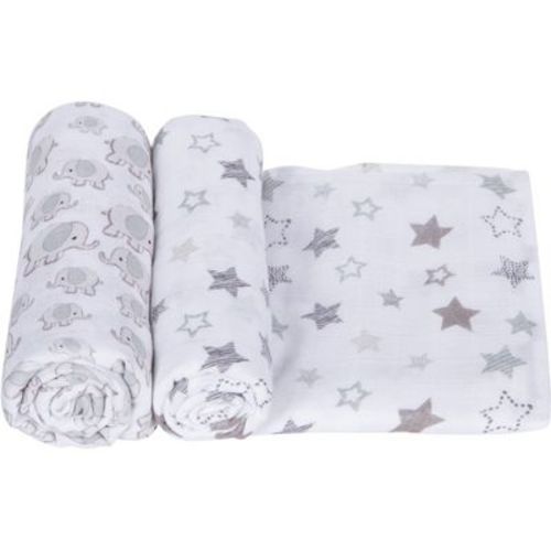 MiracleWare Muslin Swaddle Blanket - Stars & Elephants Gray 2pk