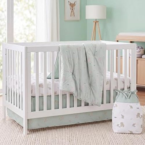 Hahafelt 4 Pieces Crib Bedding Set for Girls and Boys, Soft Baby Bedding Set Including Crib Skirt, Comforter, Sheet and Diaper Stacker for Nursery(Elephant Theme)
