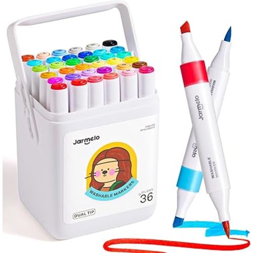 Washable Dual Tip Markers for Kids Ages 8-12, Brush & Chisel Tip, Water-Based Coloring Markers, Double-Tipped 36 Colors Marker Set with Storage Case, School Art Supplies for Boys & Girls