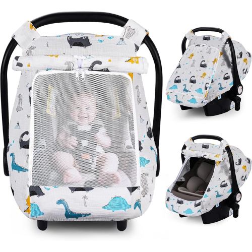 Rquite Car Seat Cover Baby, Carseat Covers Girl Boy, Breathable Muslin Cotton, Large Mesh Window, Infant Car Seat Canopy Baby Carrier Cover Stroller Sun Shade for Summer & Hot Day
