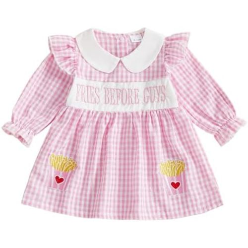 Adobabirl Toddler Baby Girl Easter Outfit Bunny Embroidery Smocked Dress Doll Collar Long Sleeve Plaid Dress for Kids