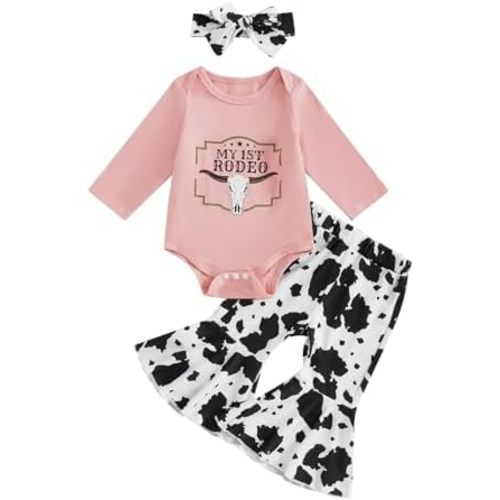Newborn Baby Girl Western Outfits My First Rodeo Romper Cow Print Flared Pants Set Cowgirl Country Clothes