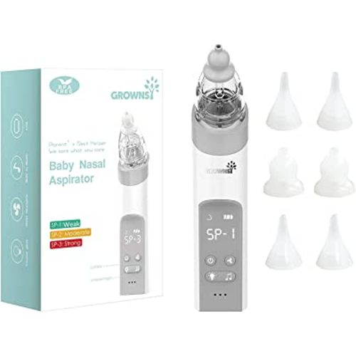 GROWNSY Baby Nasal Aspirator with 6 Food-Grade Silicone Replacement Nozzles, Nose Sucker for Baby, Automatic Nose Sucker for Infants, Rechargeable, with Music & Light Soothing Function