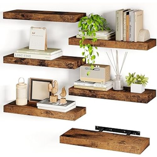 Fixwal 15.8in Floating Shelves, Set of 6 Wood Shelves, Farmhouse Shelf Wall Decor for Bathroom, Bedroom, Living and Kitchen Room (Rustic Brown)