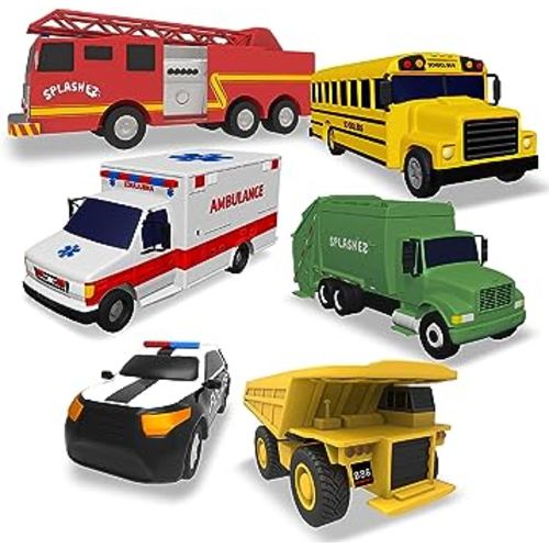 SplashEZ Mold Free Baby Bath Toys, No Hole Bath Toys for Toddlers, Bathtub 6-Pack Cars Set for Kids, No Mold Floating Water 6 Vehicles Set for Pool, BPA-Free Safe Fun, Infant Ages 1 3 6 12 18 Mo